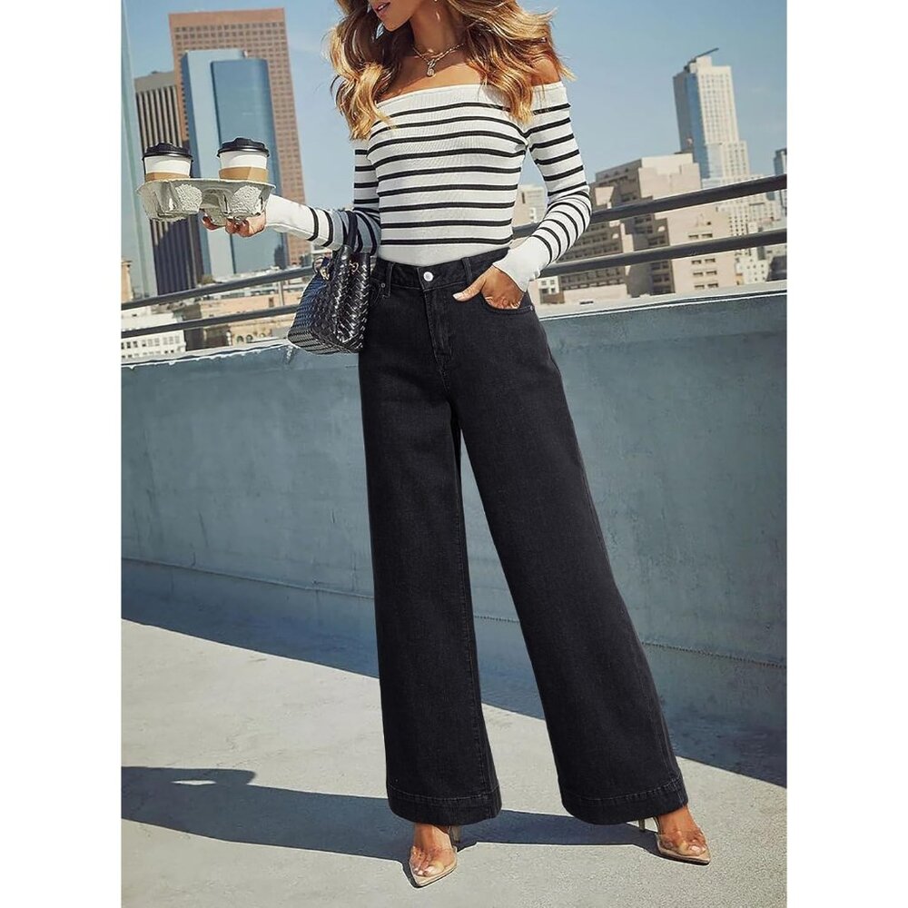 Women's Black High Waisted Wide Leg Denim Jeans Stretchy Loose Pants with Pocket - Picture 4 of 6